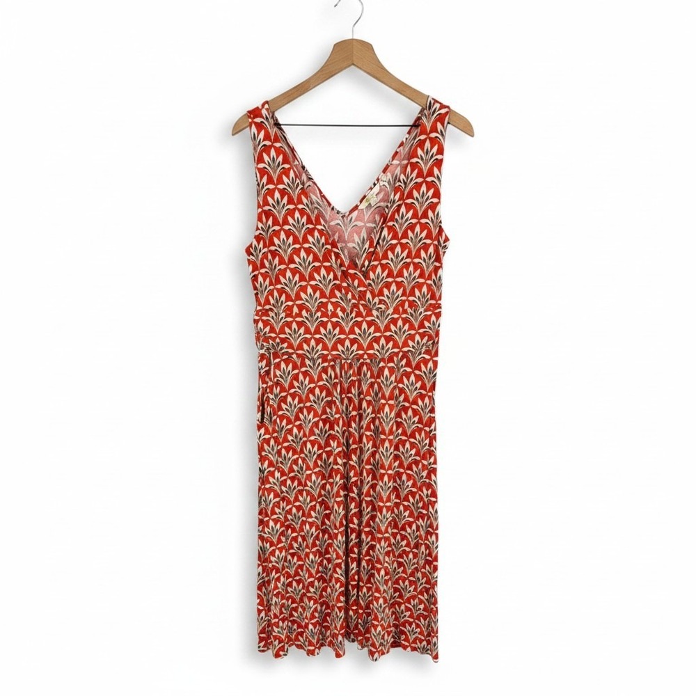 Boden Effie Jersey Dress Sleeveless Red Geo Print V Neck Stretch Knit Size 12L